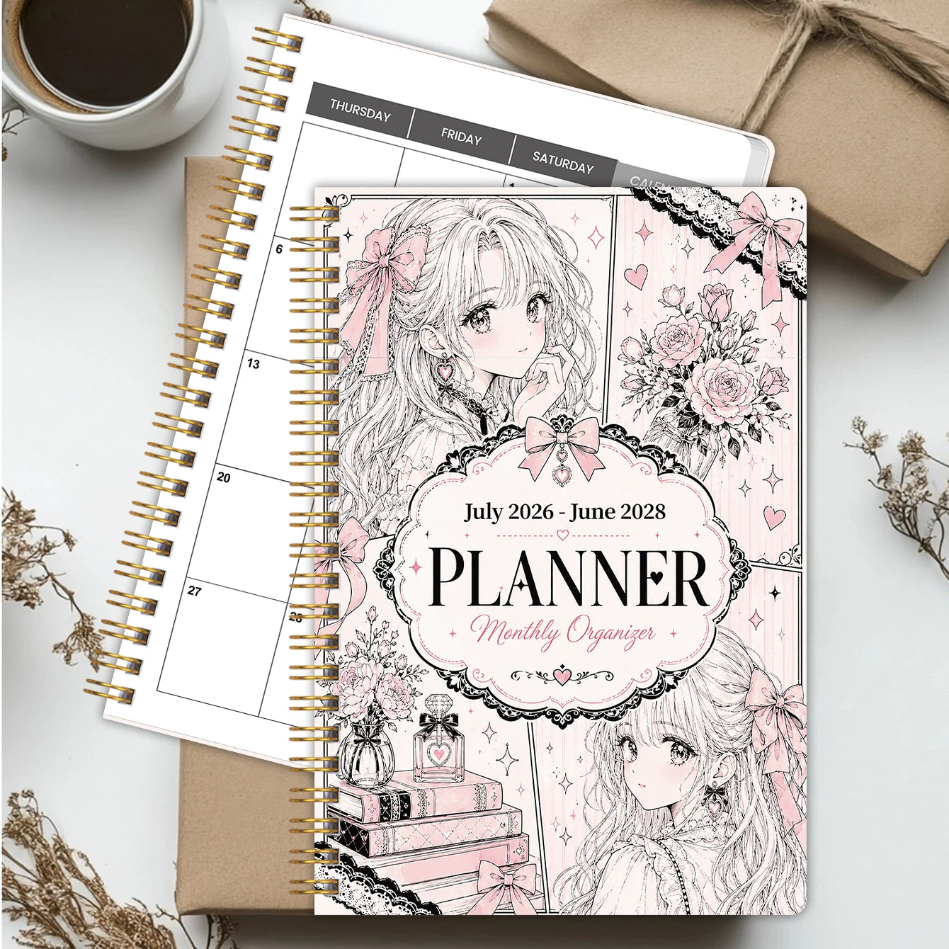 2026-2028 Monthly Planner, Pink Manga Girl Cover Spiral Calendar Notebook, PP Cover, 100GSM Paper, Mini Calendars