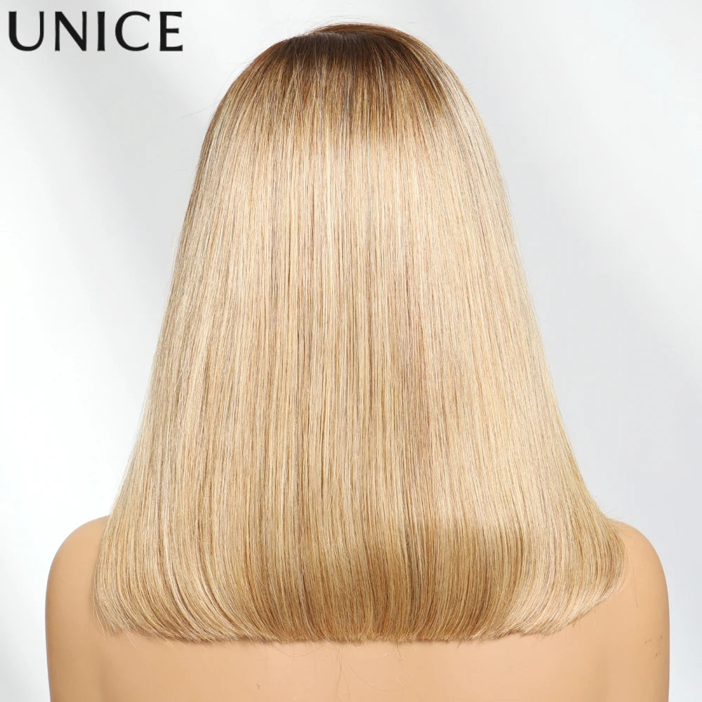 Unice Hair Silky Straight Blonde Bob Wig Human Hair With Brown Roots 7x5 Pre Cut Pre Bleached Glueless Wig Wear Go 150% Density