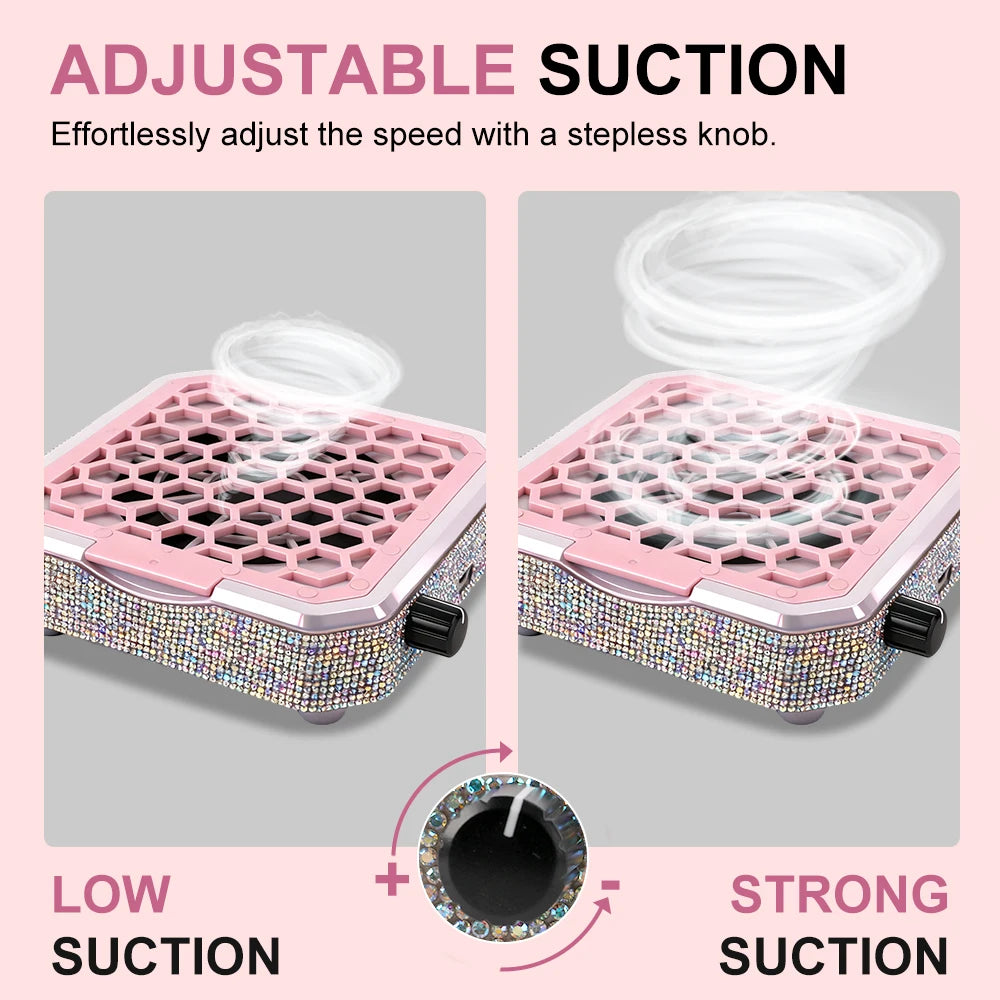 Nail Dust Collector with Rhinestones and Filter Pad, Powerful Vacuum Fan, Stepless Control Knob, Ideal for Acrylic Nail Salon To