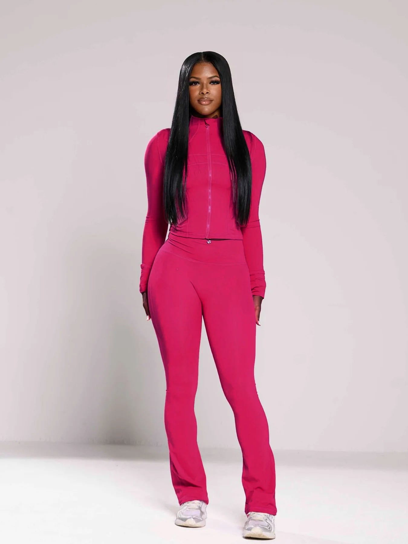 Pant Sets Two Piece Set Women Sexy Slim Fit Zipper Top Stand Collar Solid Sporty Casual Splice Flare Pants Elastic Waist