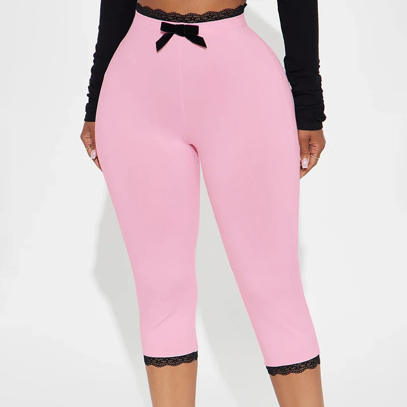 CUTENOVA Sexy Hottie Lace Edge Bow Decoration Leopard Print Slim Seven Pants Summer New Women'S Fashion Street Casual Seven Pant