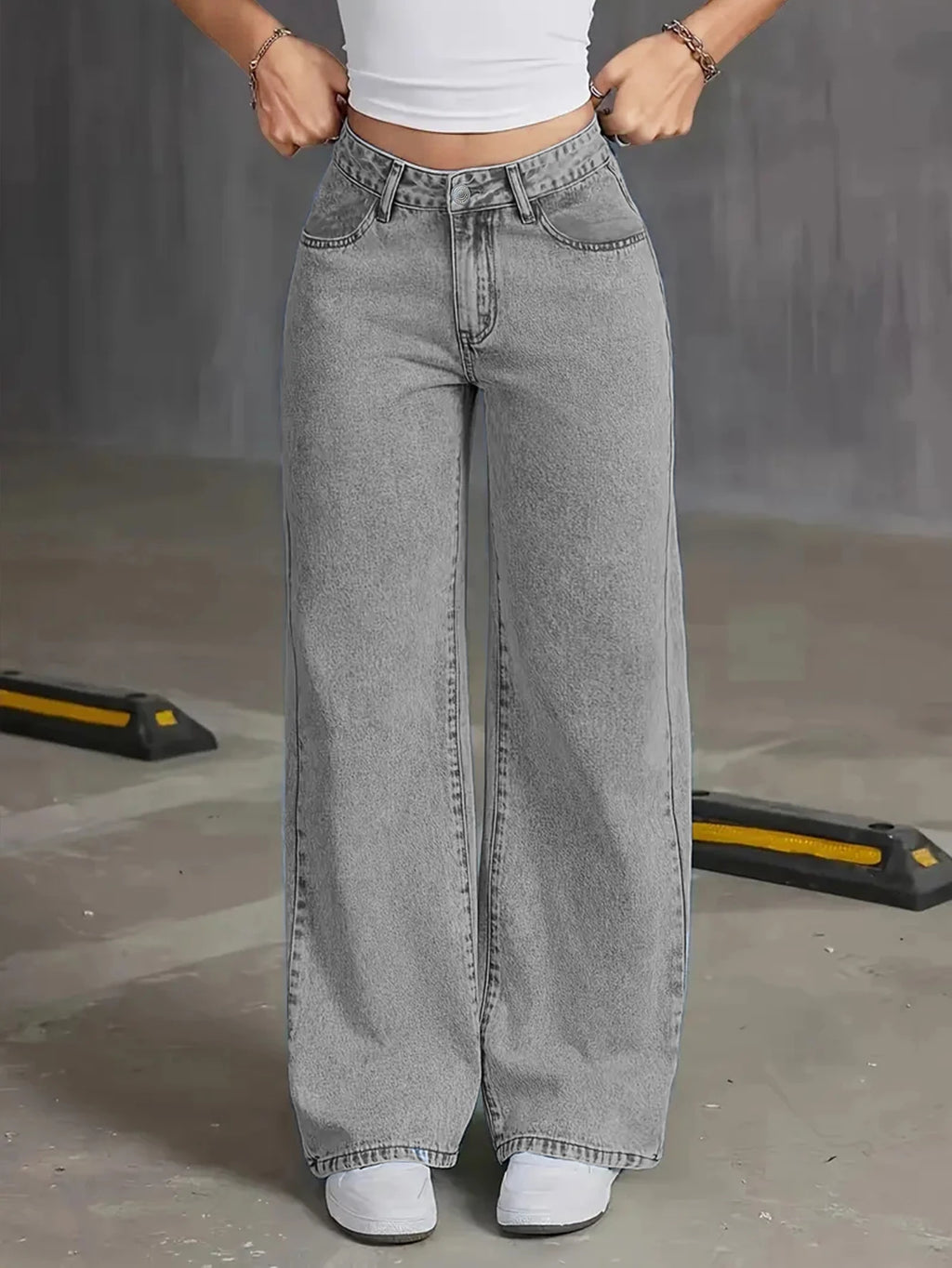 Autumn new high-waisted wide-leg women's jeans - light grey washed jeans, loose and fashionable, suitable for casual wear