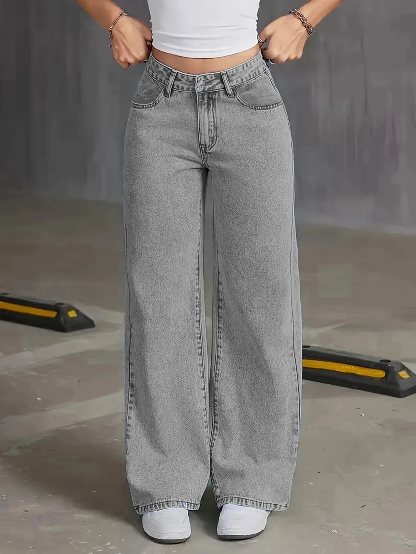 Autumn new high-waisted wide-leg women's jeans - light grey washed jeans, loose and fashionable, suitable for casual wear