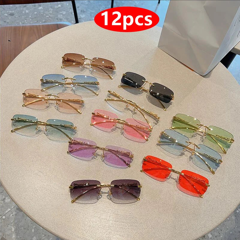 12pcs New Rimless Small Rectangle Sunglasses Fashion Y2K Frameless Sun Glasses Shades Leopard Decoration For Women Men UV400