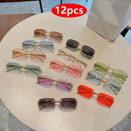 12pcs New Rimless Small Rectangle Sunglasses Fashion Y2K Frameless Sun Glasses Shades Leopard Decoration For Women Men UV400