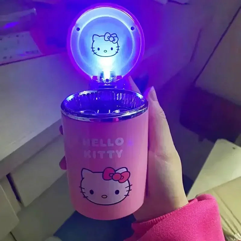 Hello Kitty Cute Kawaii Anime Personality LED Light-up Car Ashtray with Cover Car Decoration for Men and Women Holiday Gifts