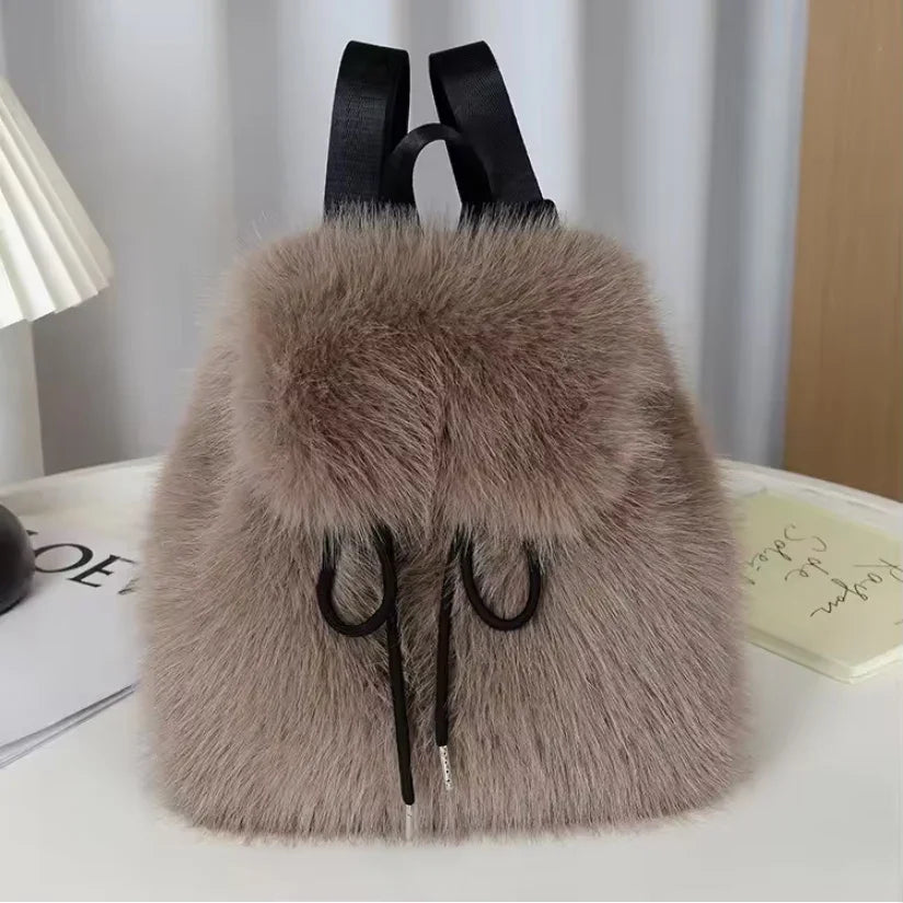 2026 Casual Faux Fur Backpack for Women Drawstring Flap Closure Large Capacity School Bag Trendy Travel
