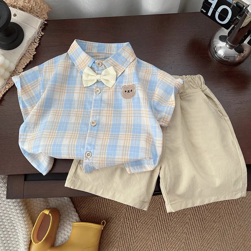 Boy's Summer Ssuit New Children's Short-sleeved Fresh Plaid Fashion Baby Green Gentleman Suit Handsome Korean Version Clothes