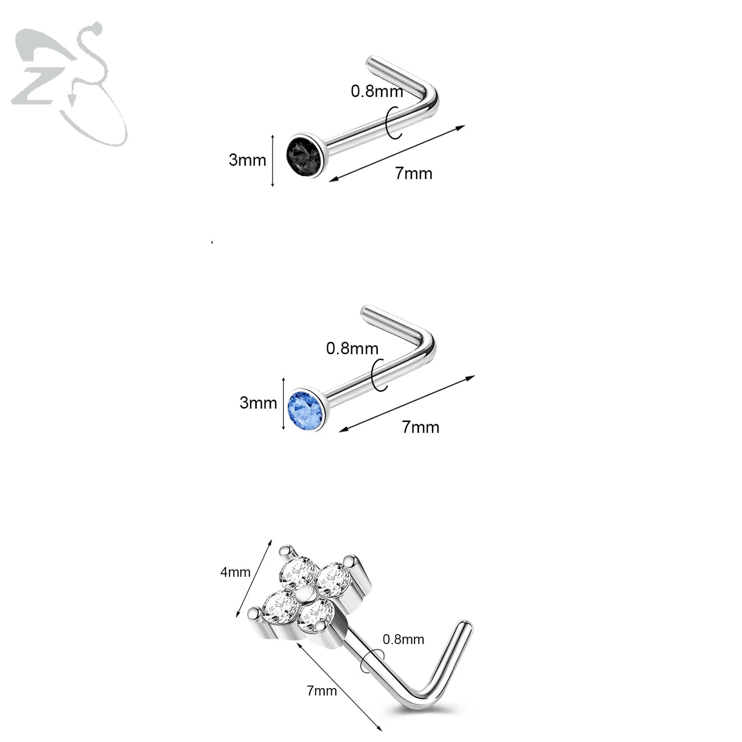 ZS 3pcs/lot 20G Stainless Steel Nose Stud Set Moon Heart Butterfly Crystal Nose Piercing Screw L Shape Nostril Piercing Jewelry
