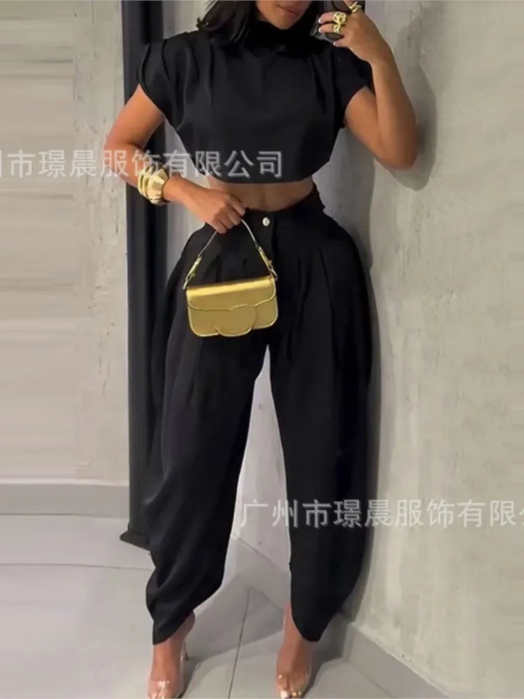 New Summer Fashion Women's High Waist Trousers Top Two-piece Set For Women Elegant Black Casual Two Piece Outfits Woman