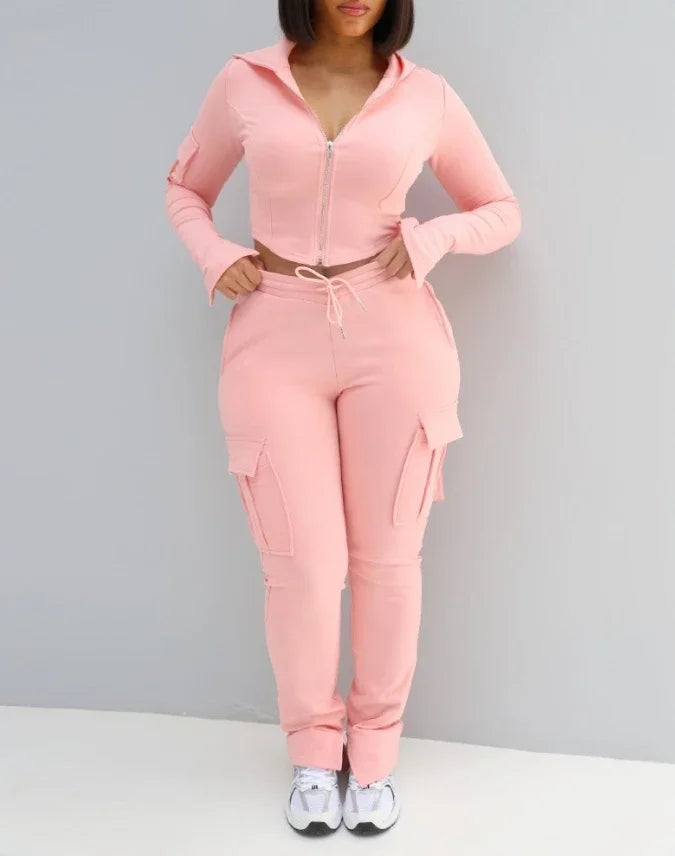 Zipper Design with Exposed Navel Hooded Sweatshirt and Drawstring V-Shaped Waistline Work Pants, Sports Pants Long Pants Set