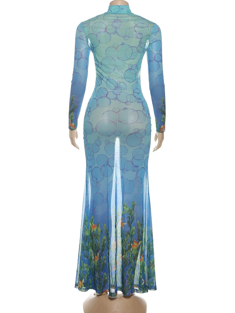 Weird Puss See Through Sexy Dress Women Hollow Hipster Colorful Print Skinny Stretch Midnight Party Clubwear Fishtail Bodycon