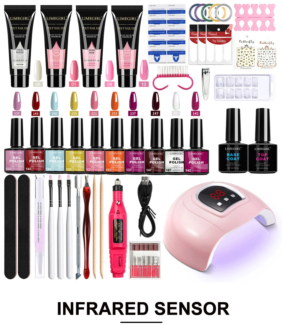 LIMEGIRL Gel Nail Polish Kit UV Soak Gel Base Coat Polishing Tool with LED Light and Nail Drill Semi-Permanent Gel Varnish Kit