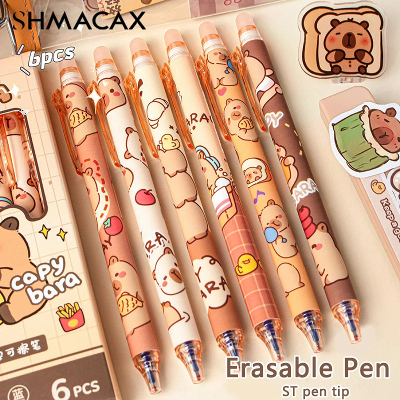 6Pcs Cute Capybara Erasable Pen Blue Ink Writing Smooth Quick-Drying Pens School Office Accessories Students Stationery Gift
