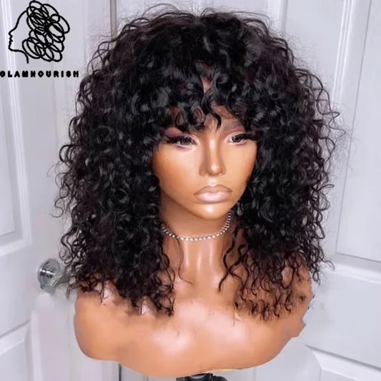 Curly Human Hair Wig with Wispy Bangs — 200% Density