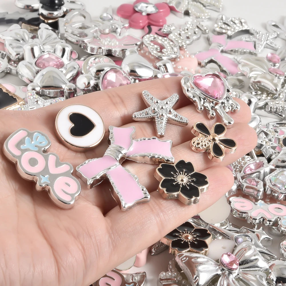 10/20/30/50pcs Random Mix Silver Color Heart Bow Star Charms For Junk Cases Flower Pink Girl Pendant DIY Hairpin Phone Case Bulk