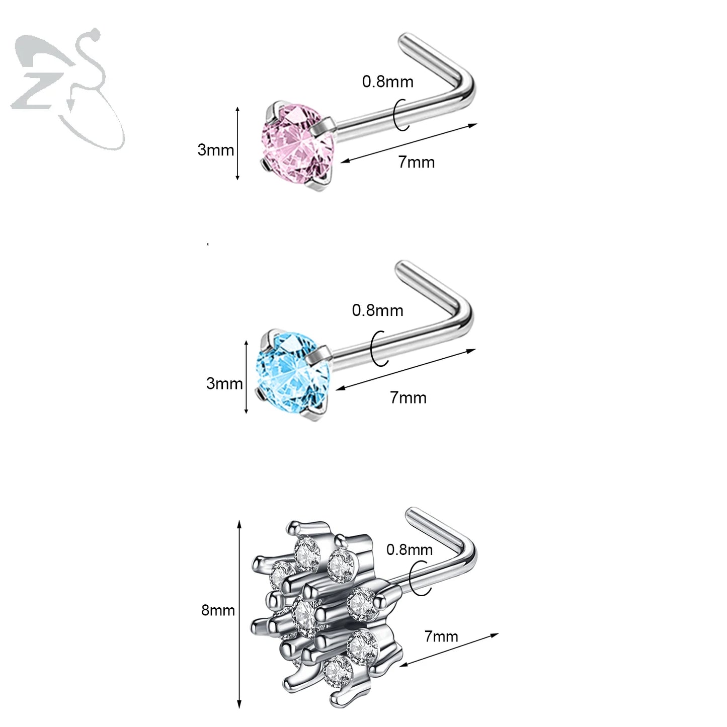 ZS 3pcs/lot 20G Stainless Steel Nose Stud Set Moon Heart Butterfly Crystal Nose Piercing Screw L Shape Nostril Piercing Jewelry