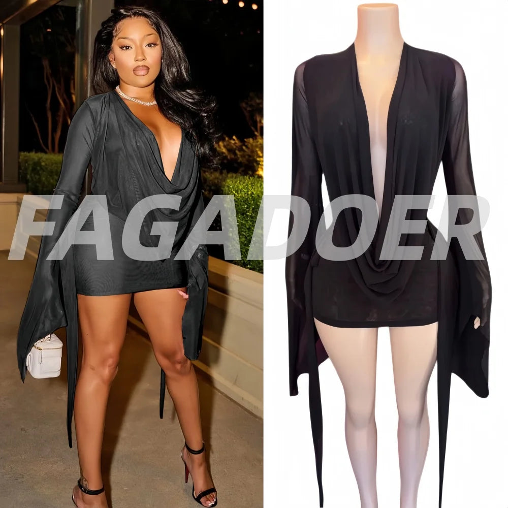 FAGADOER Sexy Mesh See Through Mini Bodycon Dress Women Long Sleeves Deep V-neck Irregular Dresses Female Streetwear Vestidos
