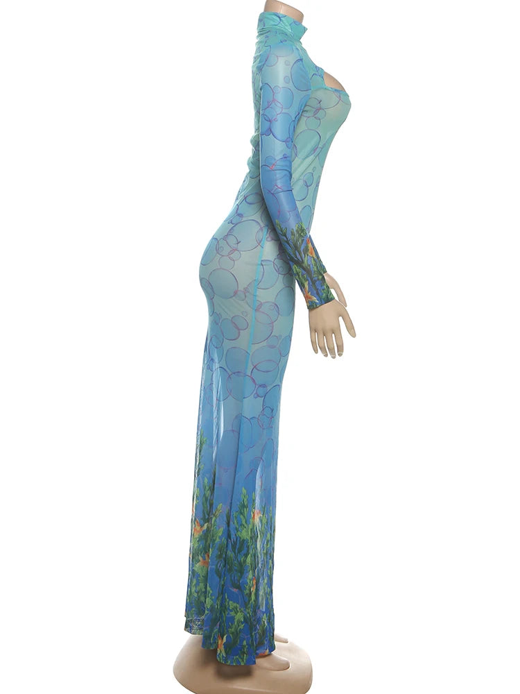 Weird Puss See Through Sexy Dress Women Hollow Hipster Colorful Print Skinny Stretch Midnight Party Clubwear Fishtail Bodycon
