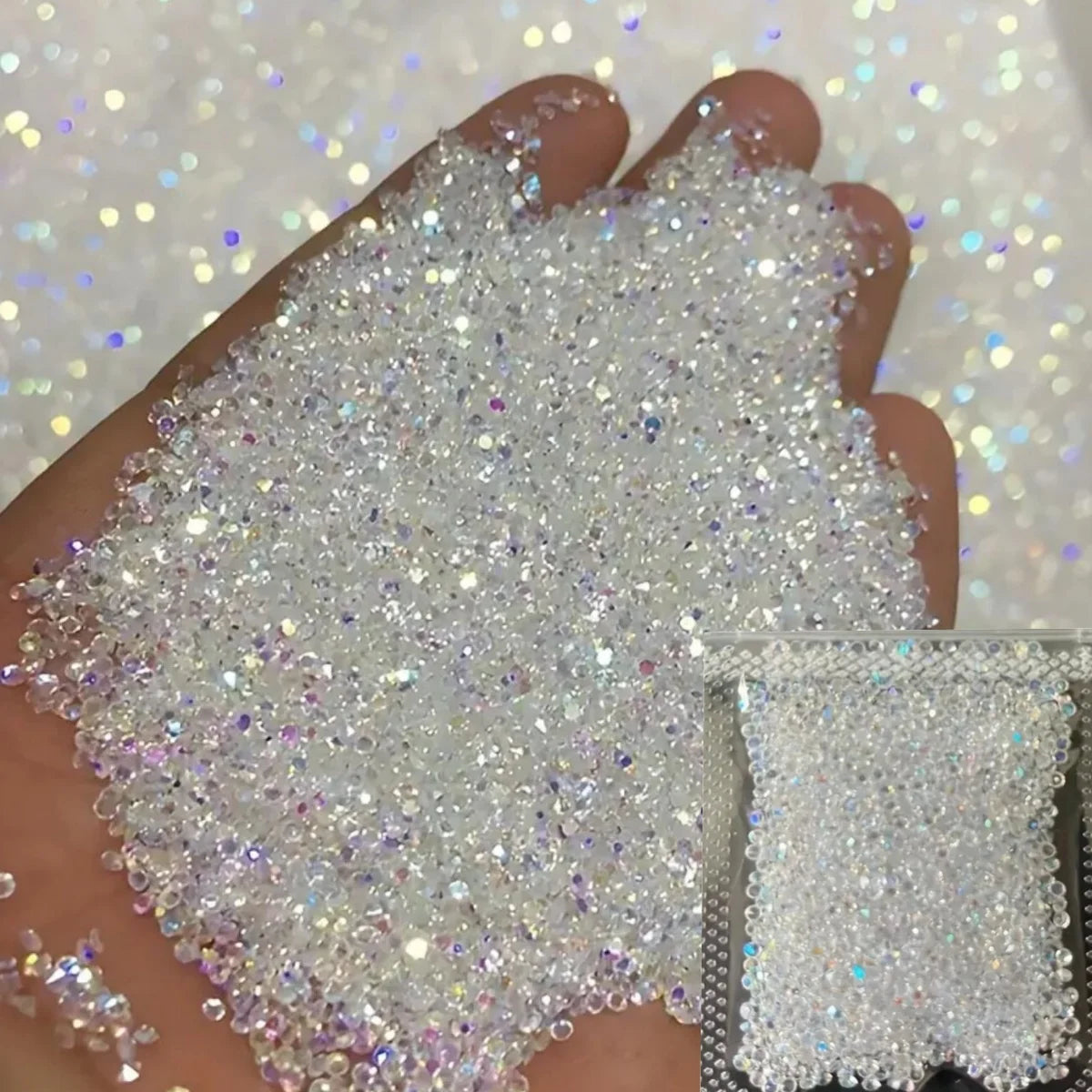 1Bag Aprox.1400Pcs Mini Nail Rhinestones Micro 1.2mm Nail Sand Pixie Crystals Iridescent AB Bling Tiny Sugar Beads Nail Charms *
