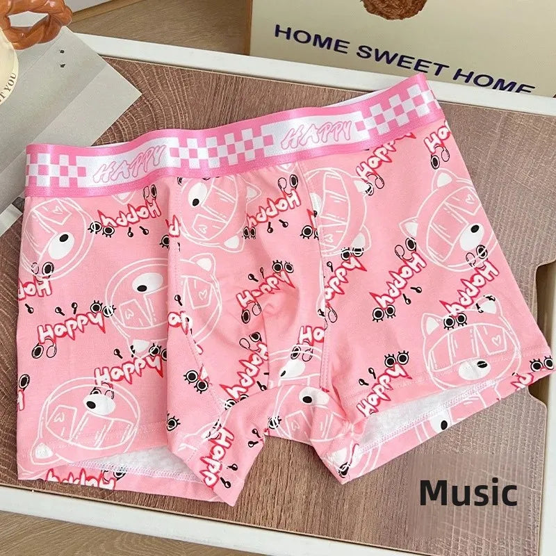Trendy Pink Cotton Boxer Shorts for Men Cute Cartoon Design Bagged Four Corner Briefs Comfortable Breathable Men's Underwear