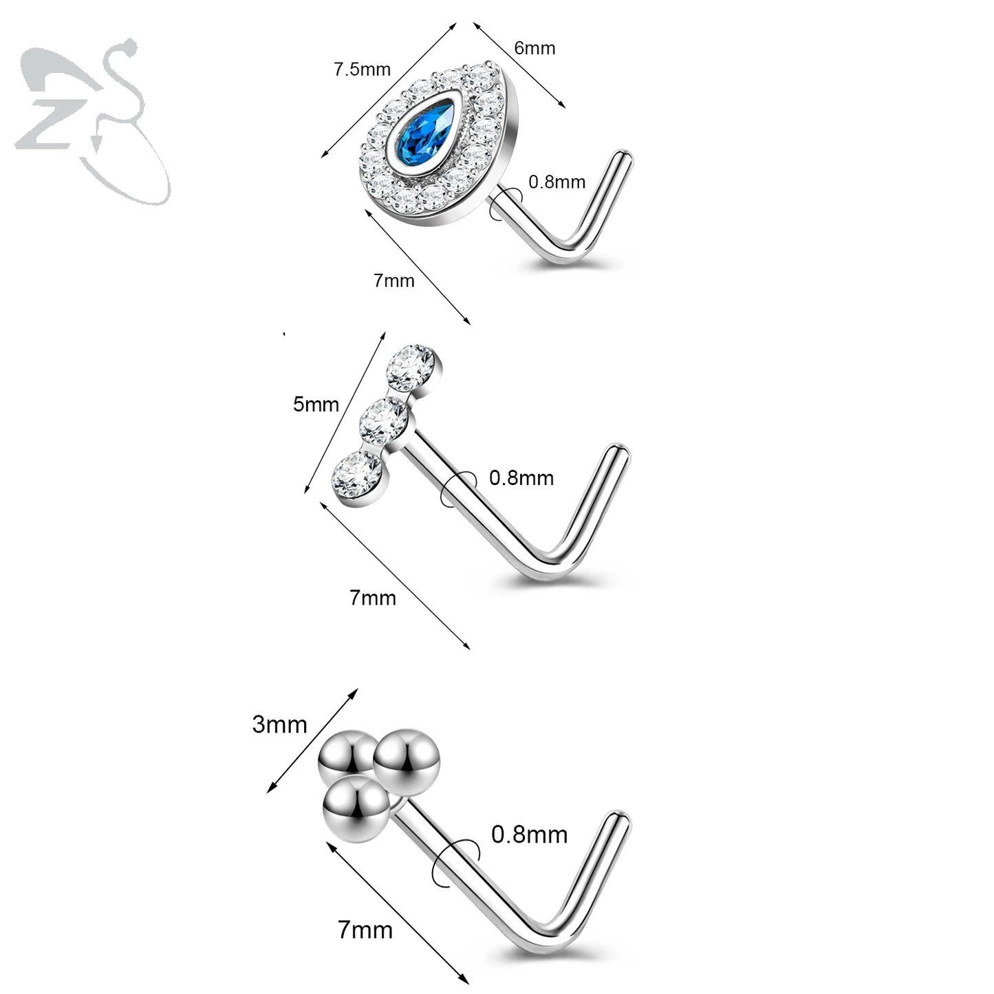 ZS 3pcs/lot 20G Stainless Steel Nose Stud Set Moon Heart Butterfly Crystal Nose Piercing Screw L Shape Nostril Piercing Jewelry