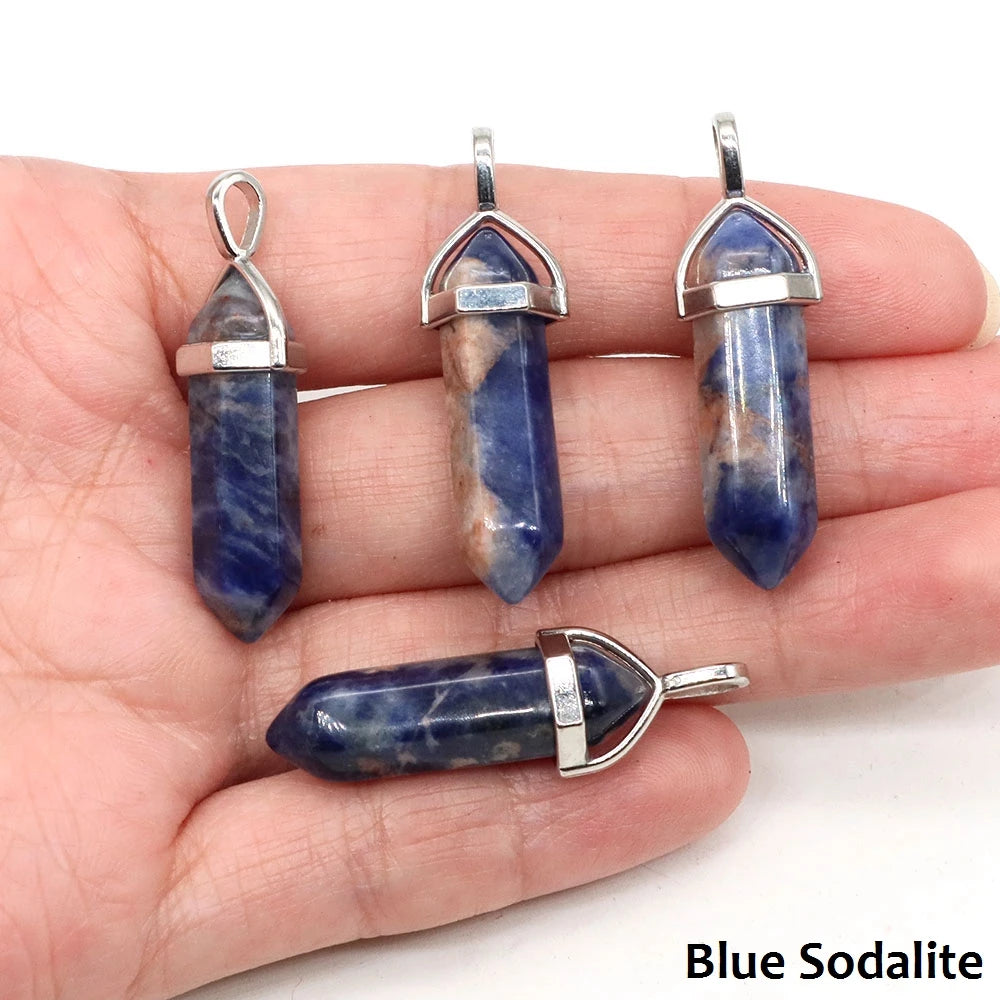 1PC Hexagonal Chakra Crystal Pendant Bullet Shape Natural Gemstone Pointed Quartz Stone Pendants for DIY Necklace Jewelry Making
