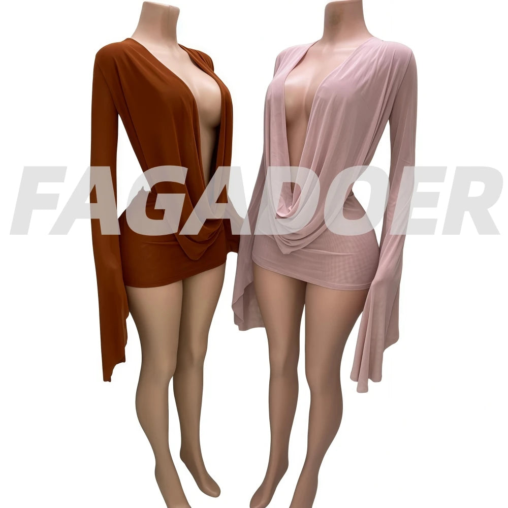 FAGADOER Sexy Mesh See Through Mini Bodycon Dress Women Long Sleeves Deep V-neck Irregular Dresses Female Streetwear Vestidos