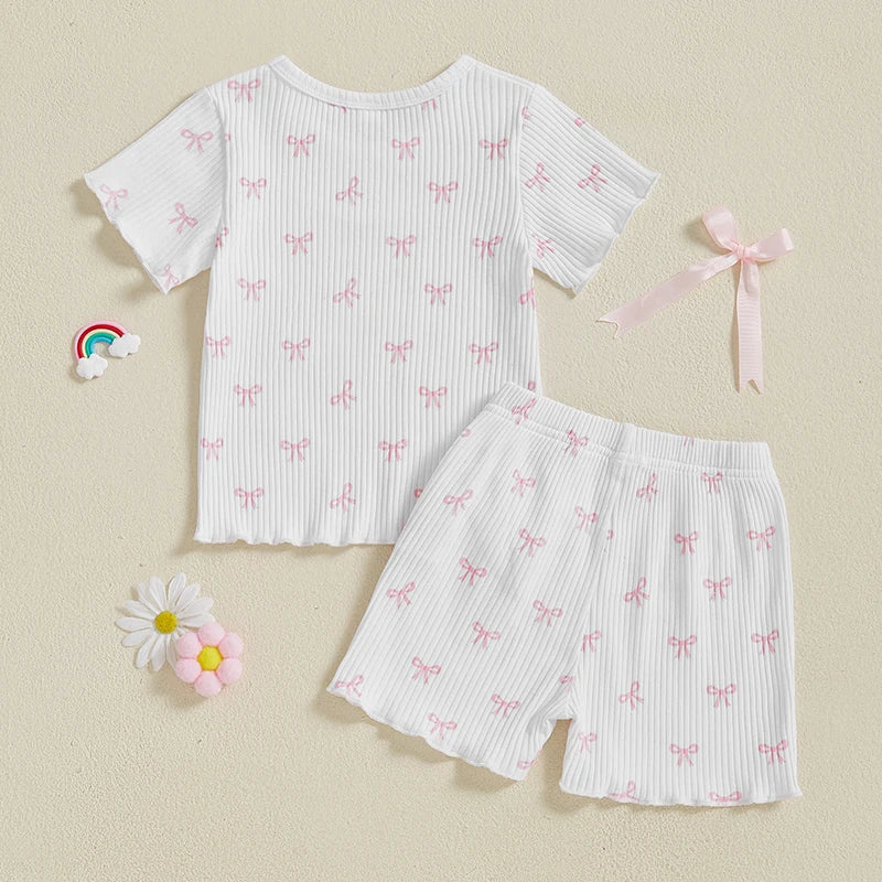 2024-12-09 Lioraitiin Toddler Baby Girl Bow Ribbed Outfit Lettuce Trim Short Sleeve Tops Elastic Waist Shorts Summer Set