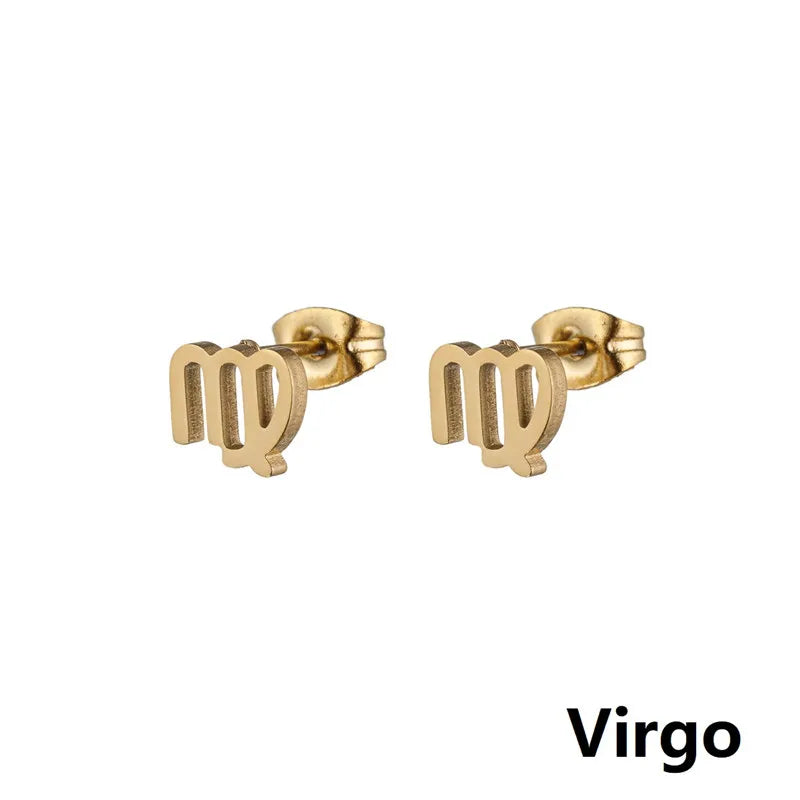 Stainless Steel 12 Constellation Earrings for Women Zodiac Sign Symbol Ear Studs Astrology Jewelry Girls Birthday Gift Accessory
