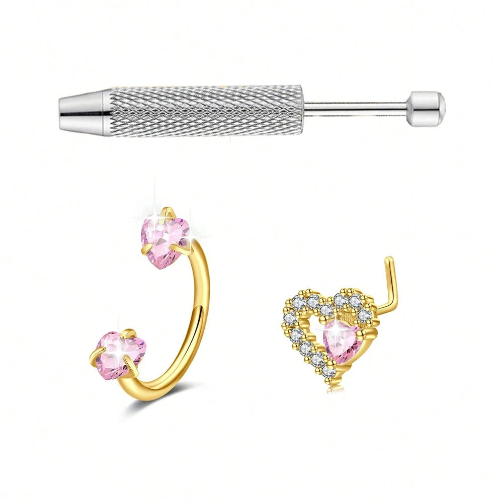 3pcs/Set Heart Horseshoe Nose Ring Nose Studs, Silver Gold Nose Ring, Stainless Steel Nose Piercing Jewelry For Women Man
