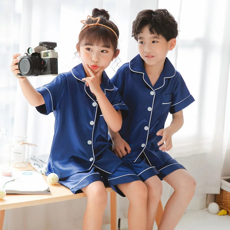 Children's Clothing Teen Girl Pink Satin Pajamas Long Sleeve Kids Homewear Clothes Boys Solid Nightshirt Silk Pijamas Baby Pjs