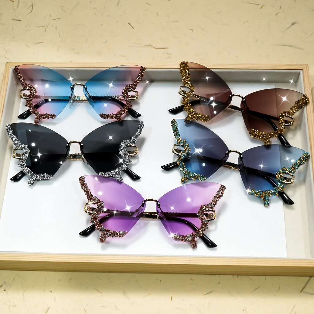 Butterfly Rimless Fashion Sunglasses for Women Men Bling Rhinestone Gradient Decorative Glasses for Costume Party