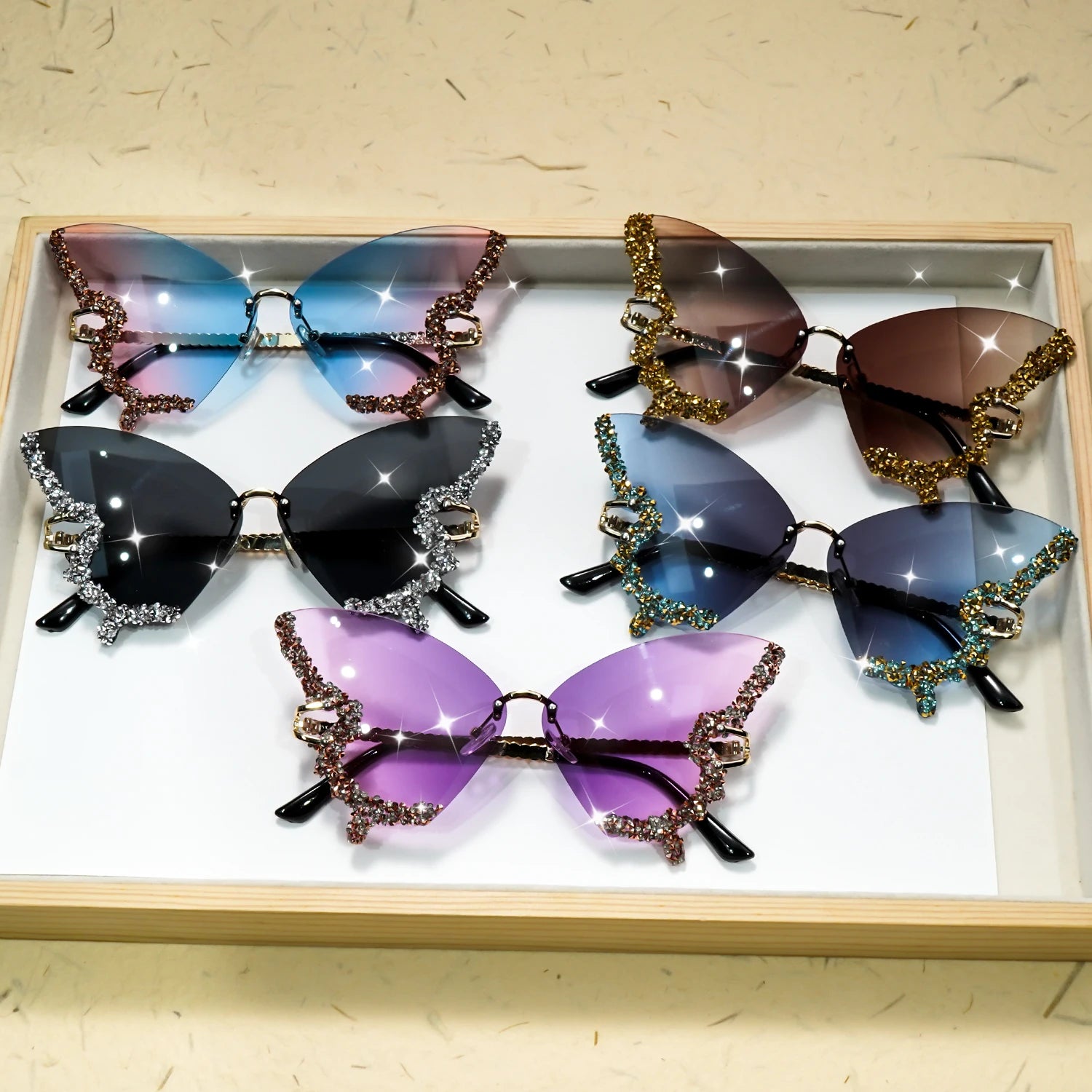 Butterfly Rimless Fashion Sunglasses for Women Men Bling Rhinestone Gradient Decorative Glasses for Costume Party