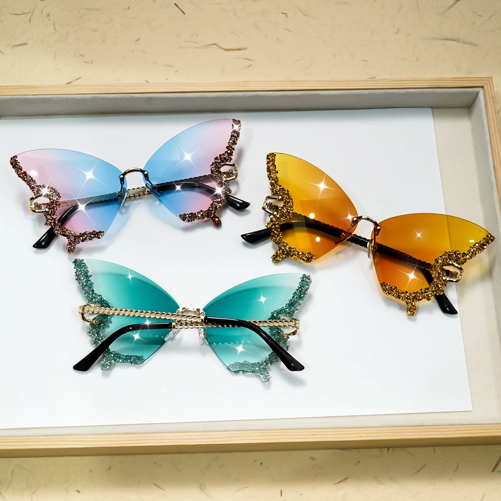 Butterfly Rimless Fashion Sunglasses for Women Men Bling Rhinestone Gradient Decorative Glasses for Costume Party
