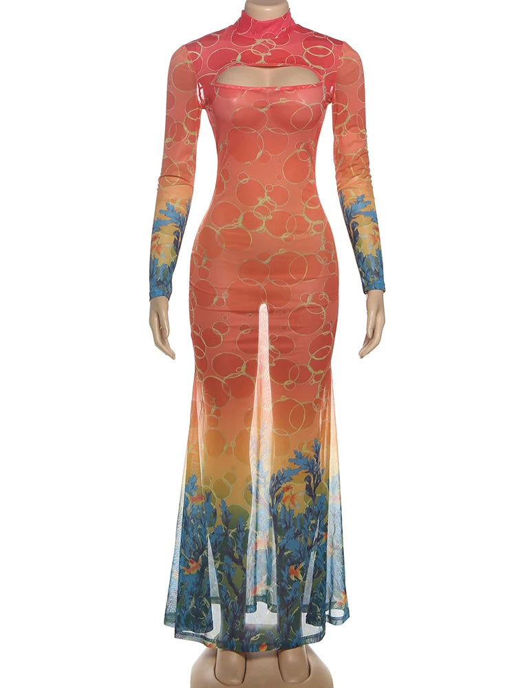 Weird Puss See Through Sexy Dress Women Hollow Hipster Colorful Print Skinny Stretch Midnight Party Clubwear Fishtail Bodycon