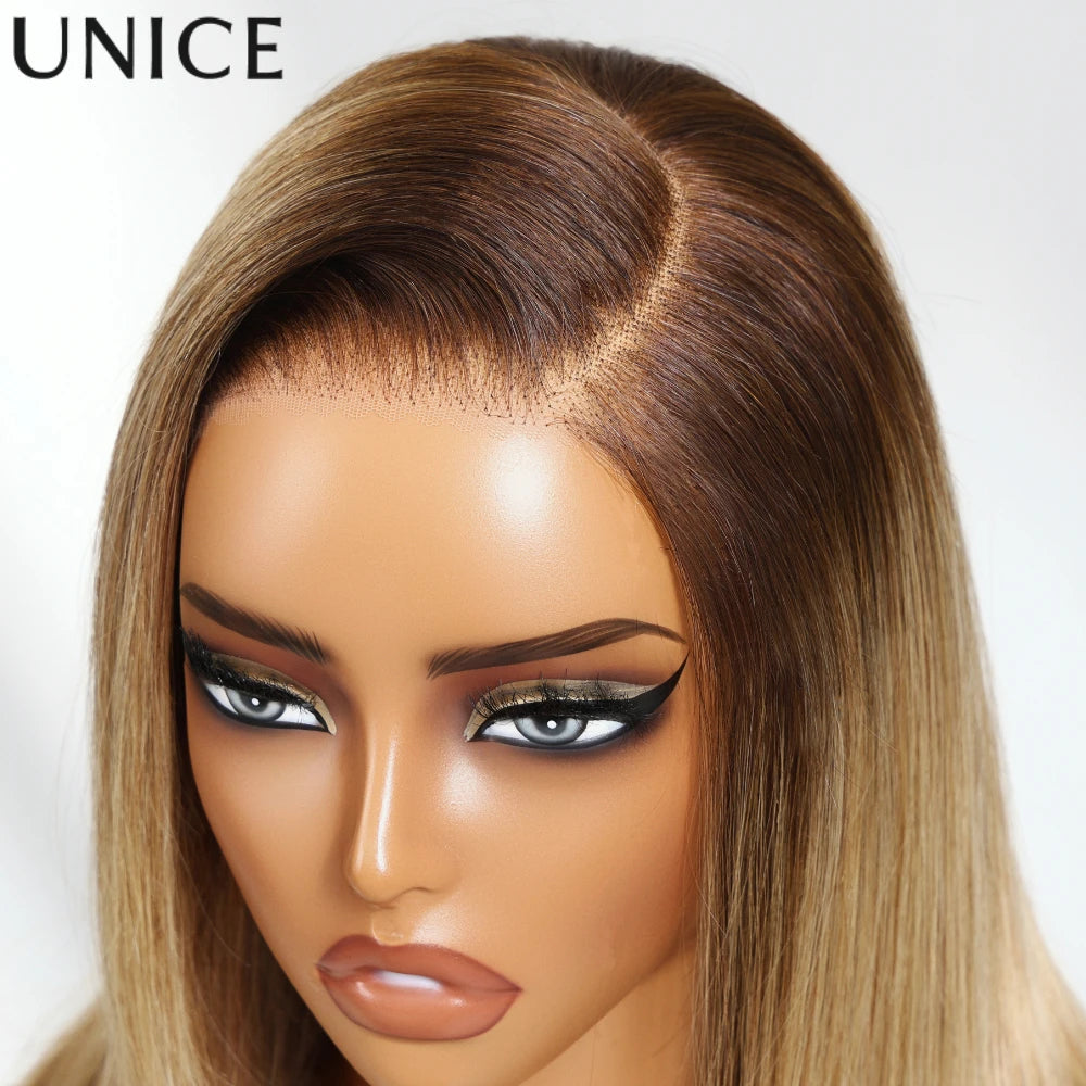 Unice Hair Silky Straight Blonde Bob Wig Human Hair With Brown Roots 7x5 Pre Cut Pre Bleached Glueless Wig Wear Go 150% Density