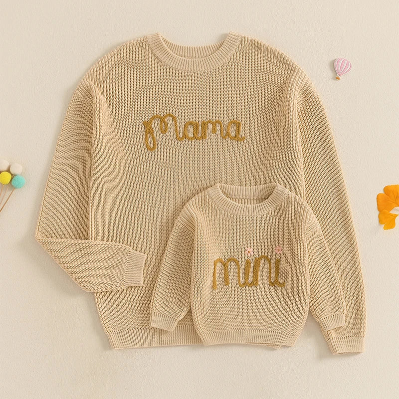 Family Matching Sweaters Mommy and Me Letter Embroidery Round Neck Knitwear Comfortable Warm Tops