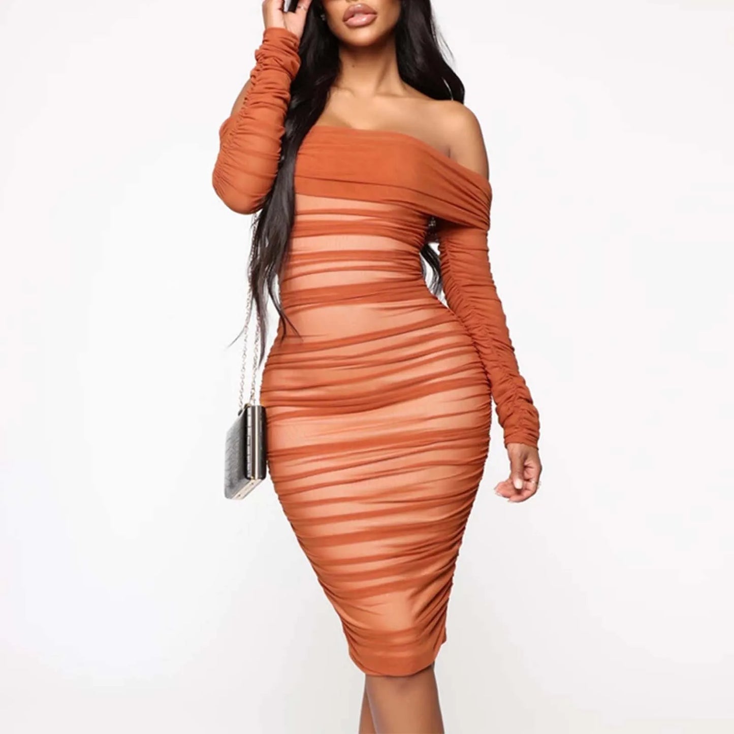 Elegant Formal Dress Women's Sexy Off Shoulder Long Sleeve Graceful And Chic Pleated Dress Evening Party Dresses For Women 2023