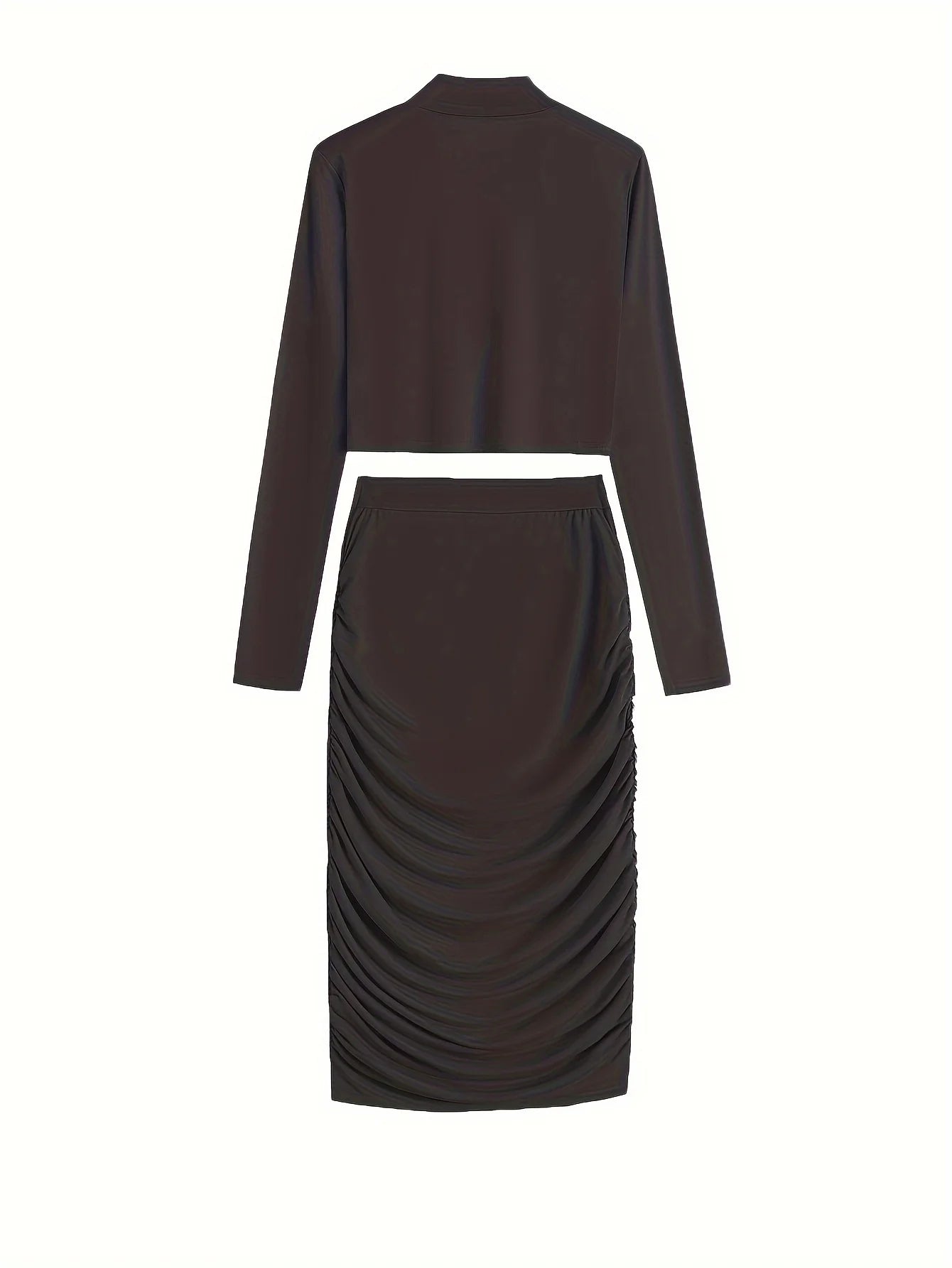Sexy Bodycon 2pcs Set Long Sleeve Crop Top & High Waist Ruched Skirt Women's Clothing