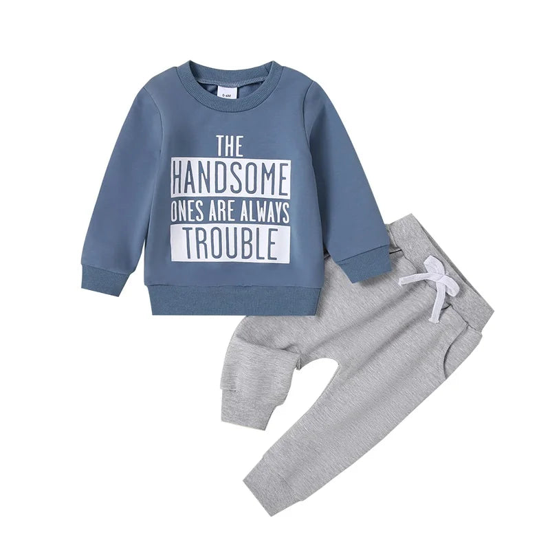Pudcoco Infant Newborn Baby Boy Fall Outfit Letter Print Long Sleeve Sweatshirt Elastic Waist Pants with 3D Bow 2 Piece Set 0-3T