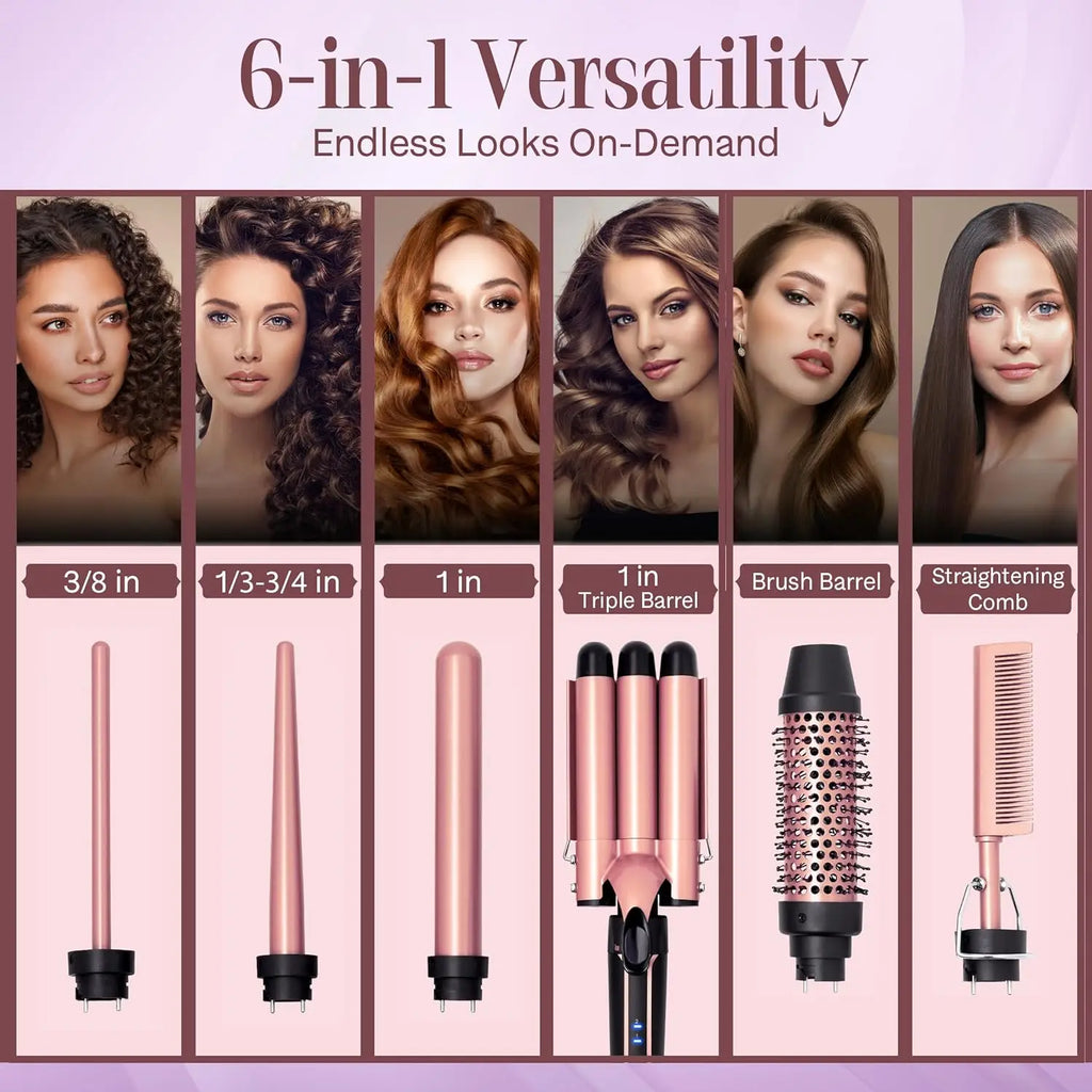 Curling Iron Wand Set 6-in-1 Hair Curler with 3 Barrel Hair Crimper, Spiral Curling Iron - Fast Heating Styling Tools for Women