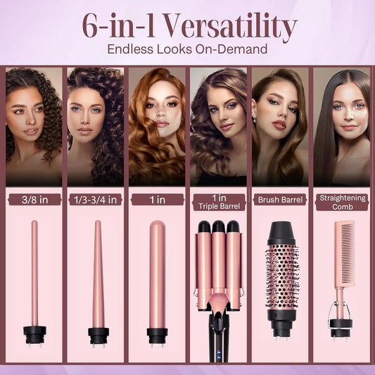 Curling Iron Wand Set 6-in-1 Hair Curler with 3 Barrel Hair Crimper, Spiral Curling Iron - Fast Heating Styling Tools for Women
