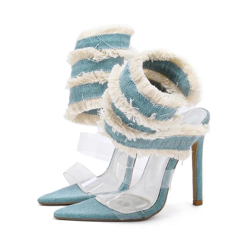 Denim Ankle Snake Strap Clear Heel Sandals