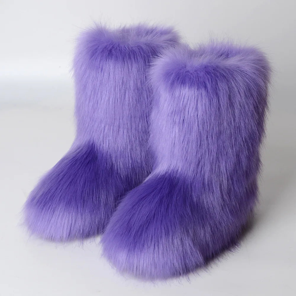 New Winter Fur Onepiece Raccoon Fur Female Snow Boots Fur Shoes Outdoor Mid Leg Boots