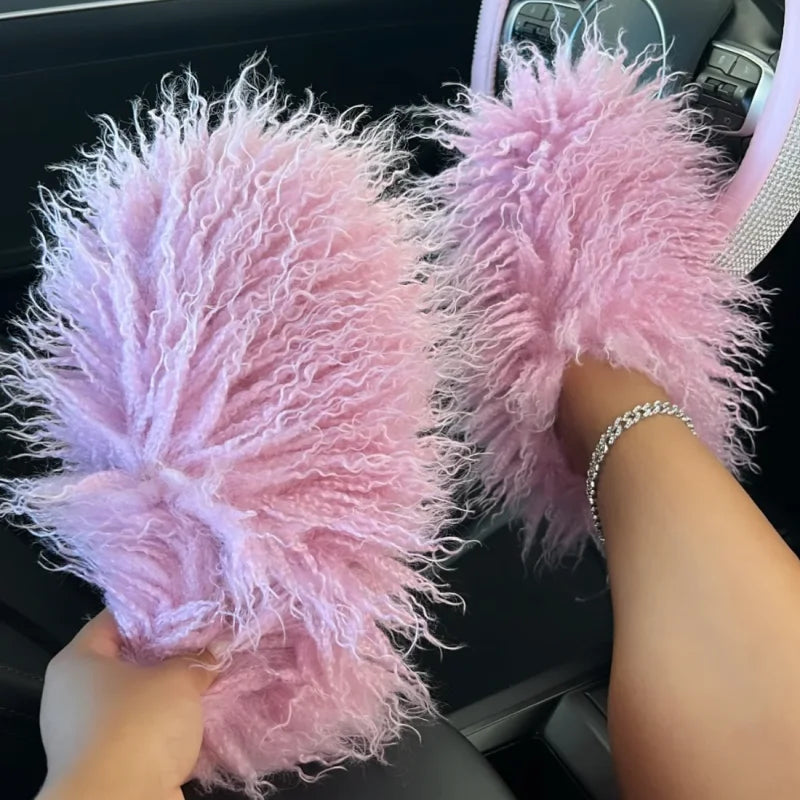 Women Summer Luxury Fluffy Faux Fur Slides Amazing Fur Sandals