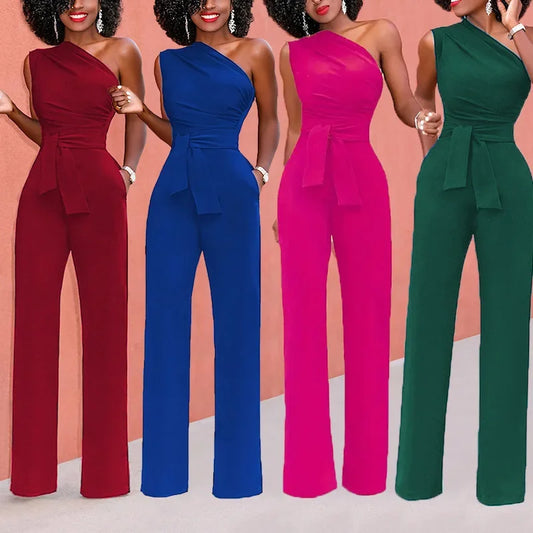 Women's Jumpsuit Solid Skew Collar Crop Top Straight Pants Belt Sexy Sleeveless Loose Pants Elegant Charming Playsuits 2024