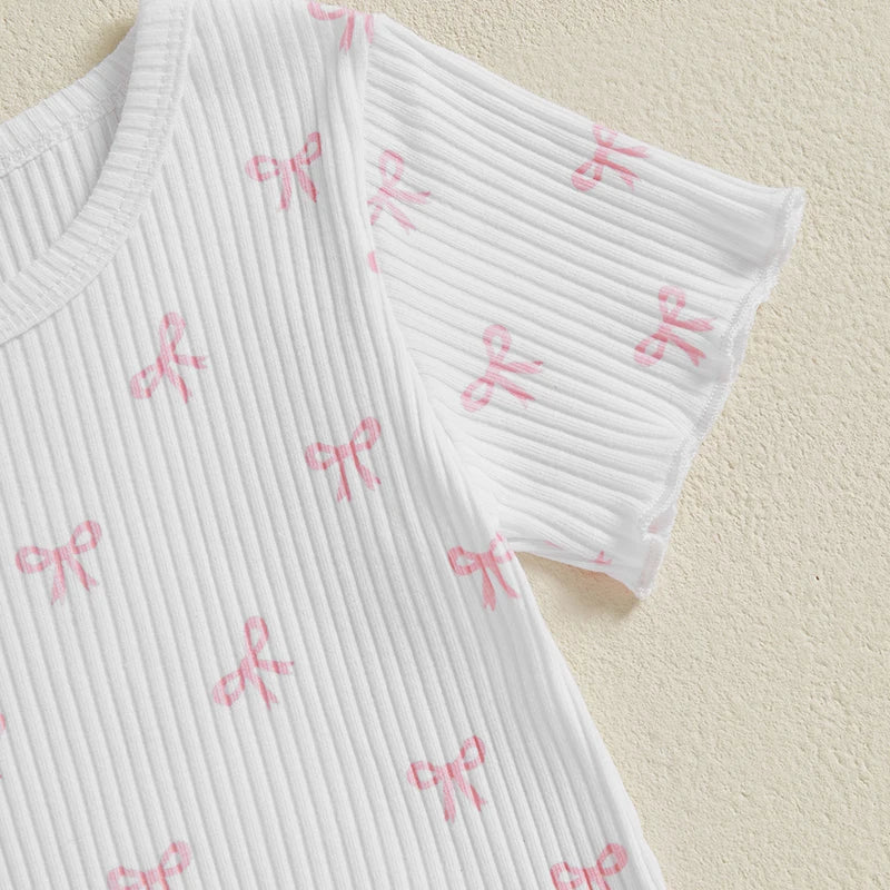 2024-12-09 Lioraitiin Toddler Baby Girl Bow Ribbed Outfit Lettuce Trim Short Sleeve Tops Elastic Waist Shorts Summer Set