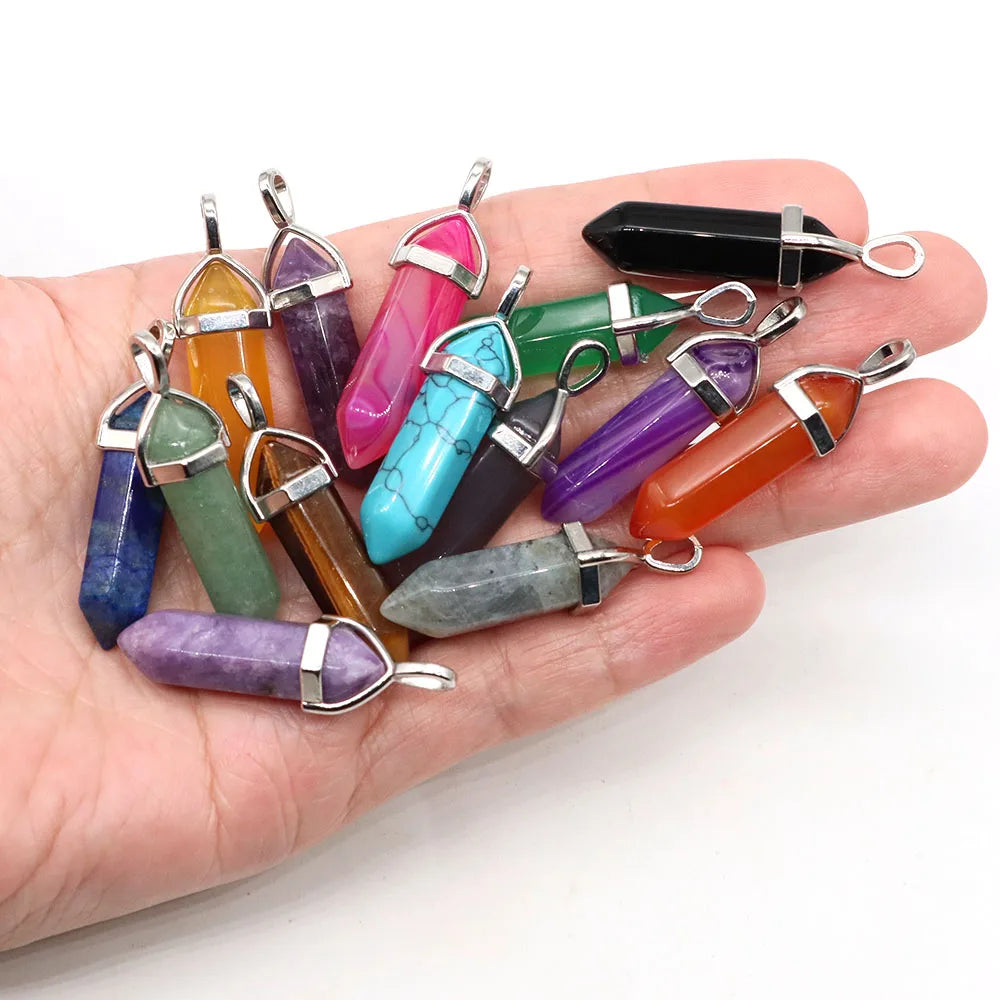 1PC Hexagonal Chakra Crystal Pendant Bullet Shape Natural Gemstone Pointed Quartz Stone Pendants for DIY Necklace Jewelry Making