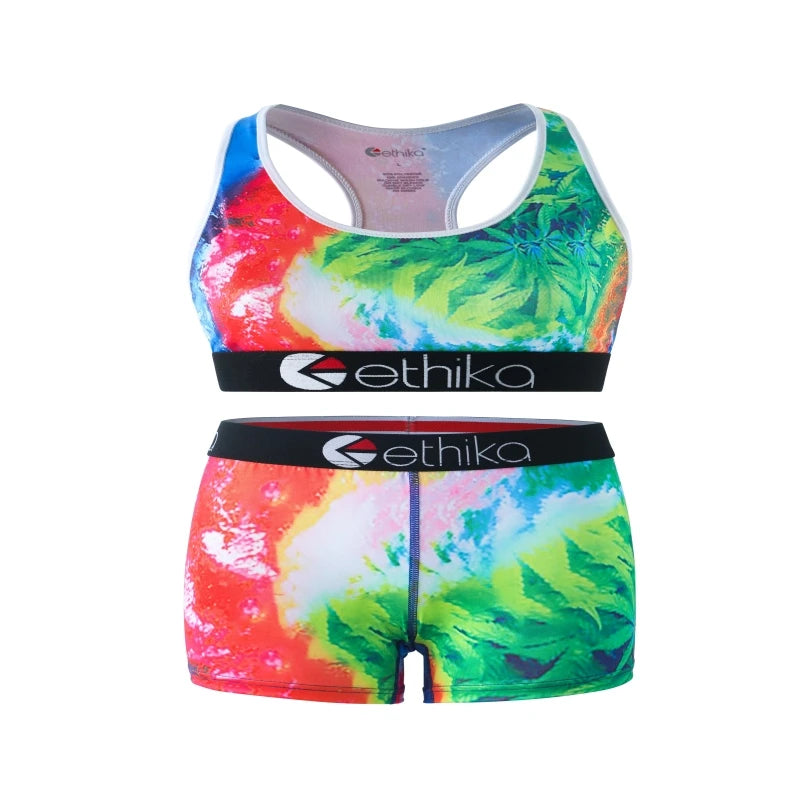 ETHIKA Sets for Woman Bra and Shorts Fashion Print Women's Swimming Fitness Boxers Short Set Plus Size Two Piece Underwear Suit